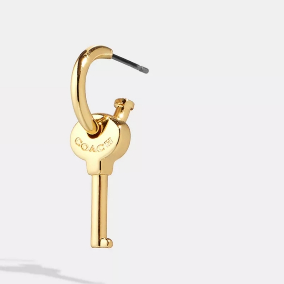 $115 COACH Authentic Quilted Padlock Key Mismatch Gold Hoop Earrings - Picture 3 of 5